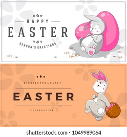 Colorful Happy Easter greeting card with rabbit, bunny, eggs and text. 