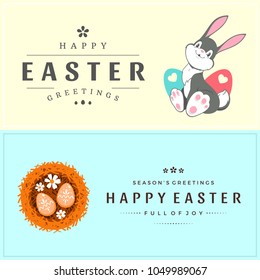 Colorful Happy Easter greeting card with rabbit, bunny, eggs and text. 