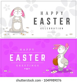 Colorful Happy Easter greeting card with rabbit, bunny, eggs and text. 