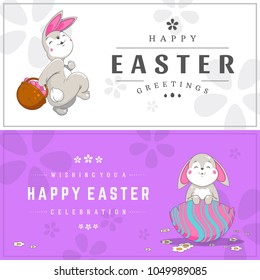 Colorful Happy Easter greeting card with rabbit, bunny, eggs and text. 