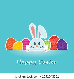 Colorful Happy Easter greeting card with rabbit, bunny, eggs and banners