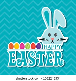 Colorful Happy Easter greeting card with rabbit, bunny, eggs and banners