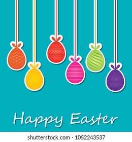 Colorful Happy Easter greeting card with rabbit, bunny, eggs and banners