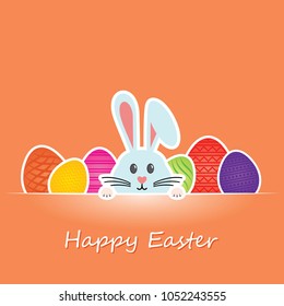 Colorful Happy Easter greeting card with rabbit, bunny, eggs and banners