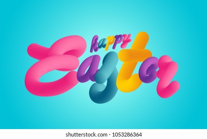 Colorful Happy Easter greeting card with 3d text on bright blue background