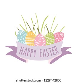 Colorful Happy Easter greeting card with hand drawn decorative eggs green grass Cute spring banner with ribbon make in Green pink yellow colors Vector illustration Invitation congratulation banner.