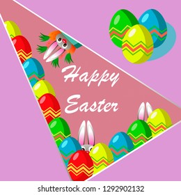 Colorful happy easter greeting card with composition of eggs and rabbit elements. The vector file is organized in layers for easy editing. - Vector graphics