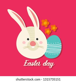 Colorful Happy Easter greeting card with rabbit, bunny, eggs and banners