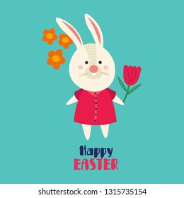 Colorful Happy Easter greeting card with rabbit, bunny, eggs and banners