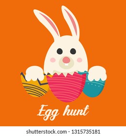 Colorful Happy Easter greeting card with rabbit, bunny, eggs and banners
