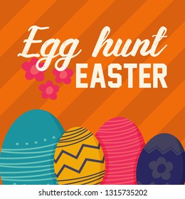 Colorful Happy Easter greeting card with rabbit, bunny, eggs and banners