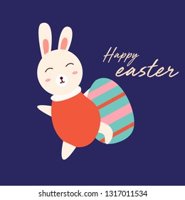 Colorful Happy Easter greeting card with rabbit, bunny, egg.