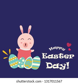 Colorful Happy Easter greeting card with rabbit, bunny, eggs and banners