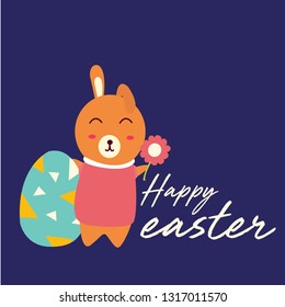 Colorful Happy Easter greeting card with rabbit, bunny, egg.