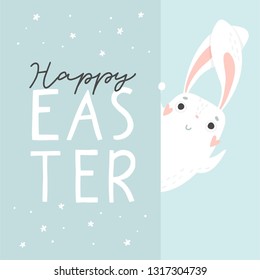 Colorful Happy Easter greeting card with rabbit, bunny, lettering and banners