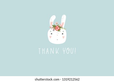 Colorful Happy Easter greeting card with rabbit, bunny, lettering and banners