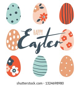 Colorful Happy Easter greeting card. Cute doodle eggs with lines, dots and flowers. Easter holidays design elements. Spring vector hand drawn Illustration with text, lettering