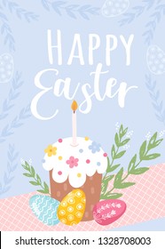 Colorful Happy Easter greeting card with rabbit, bunny and text