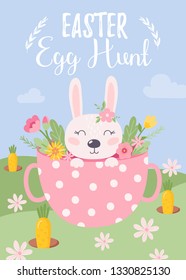 Colorful Happy Easter greeting card with rabbit, bunny and text