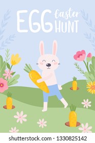 Colorful Happy Easter greeting card with rabbit, bunny and text
