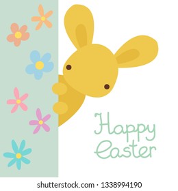 Colorful Happy Easter greeting card with cute kawaii rabbit, bunny, flowers and banners and hand drawn lettering