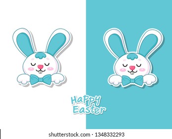 Colorful Happy Easter greeting card with cute cartoon bunny. Vector illustration decorative element on Easter Day