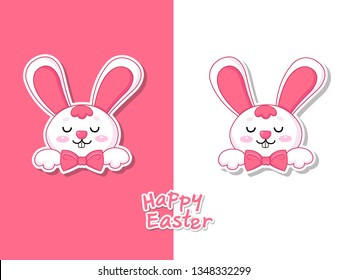 Colorful Happy Easter greeting card with cute cartoon bunny. Vector illustration decorative element on Easter Day