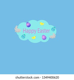 Colorful Happy Easter greeting card with eggs and rabbit elements composition