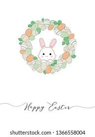 Colorful Happy Easter greeting card with branches, eggs, rabbit and typographic design