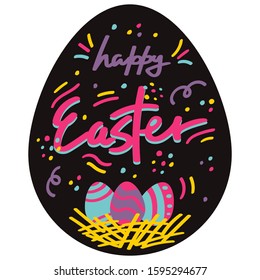 Colorful Happy Easter greeting card with decorated eggs in the nest. onfetti around handwritten inscription. Greeting card trendy design. Invitation template Vector illustration, poster or flyer