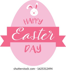 Colorful Happy Easter greeting card. Handwritten lettering with egg and rabbit elements composition. Trendy design for holiday greeting card and invitation of the happy Easter day. Pink colors. Vector