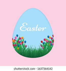 Colorful happy easter greeting card with eggs and flowers