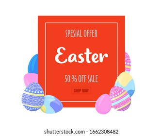Colorful Happy Easter greeting card with rabbit, bunny, spring flowers and text. Sale banner with Colorful Eggs. Vector illustration.