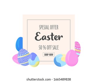 Colorful Happy Easter greeting card with rabbit, bunny, spring flowers and text. Sale banner with Colorful Eggs. Vector illustration.	