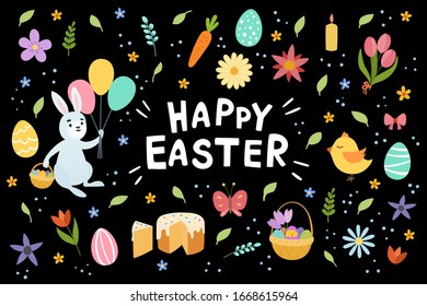 Colorida tarjeta de felicitación feliz de Pascua con flores de lettero huevos y composición de elementos de conejo.  Aislado sobre fondo negro. Ilustración de dibujo manual del vector