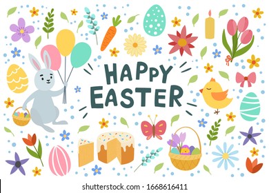 Colorful happy Easter greeting card with letterin flowers eggs and rabbit elements composition. Isolated on white background. Vector hand draw illustration