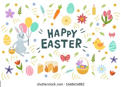 Colorful happy Easter greeting card with letterin flowers eggs and rabbit elements composition. Isolated on white background. Vector hand draw illustration