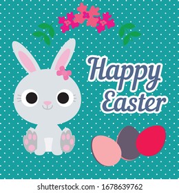 
Colorful Happy Easter greeting card with flowers eggs and rabbit composition elements.