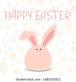 Colorful Happy Easter greeting card with Rabbit. Sweet pink easter bunny sitting waiting for Easter. Vector illustration in simple flat style. Colorful stock illustration