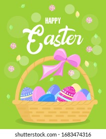 Colorful Happy Easter greeting card with rabbit, bunny, spring flowers and text. Sale banner with Colorful Eggs. Vector illustration.	
