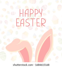 Colorful happy easter greeting card with rabbit pink ears. Vector illustration in simple flat style. Colorful stock illustration