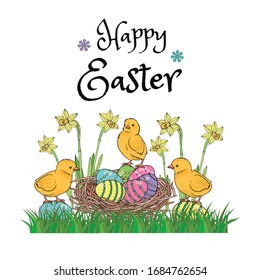 Colorful Happy Easter greeting card with chicken and text
