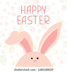 Colorful Happy Easter greeting card with Rabbit. Sweet pink easter bunny sitting waiting for Easter. Vector illustration in simple flat style. Colorful stock illustration