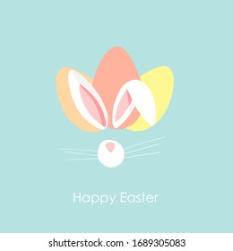 Colorful Happy Easter greeting card with bunny rabbit and eggs on modern background. Vector illustration. Invitation template with sign.