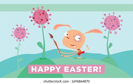 Colorful Happy Easter greeting card with corona virus flowers  and a funny rabbit. 