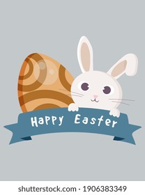 Colorful Happy Easter greeting card with rabbit and eggs.