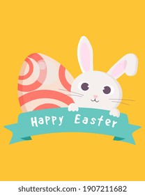 Colorful Happy Easter greeting card with rabbit and eggs.