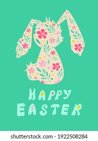 Colorful Happy Easter Greeting Card with cute bunny decorated with flowers. For social media content, invitation, poster, picture in the interior, postcard. Vector illustration .