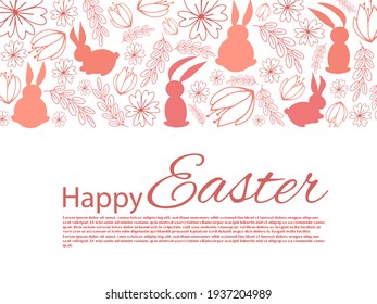 Colorful Happy Easter greeting card with flowers eggs and rabbit elements composition. Isolated vector illustration with text.