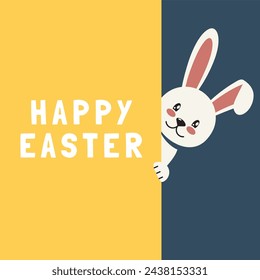 Colorful Happy Easter greeting card with rabbit, bunny, eggs and banners